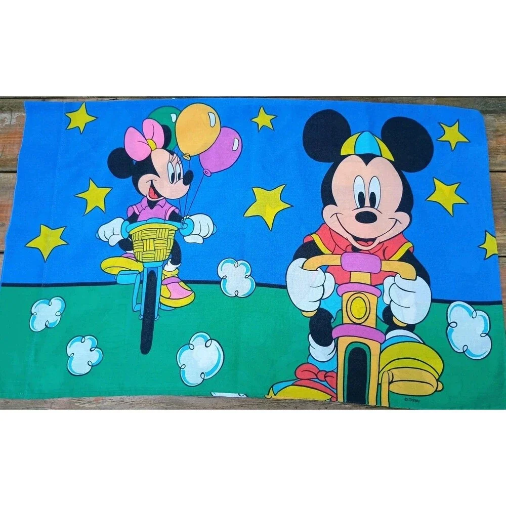 Vintage Disney Pillowcase Mickey Minnie Mouse on Bikes